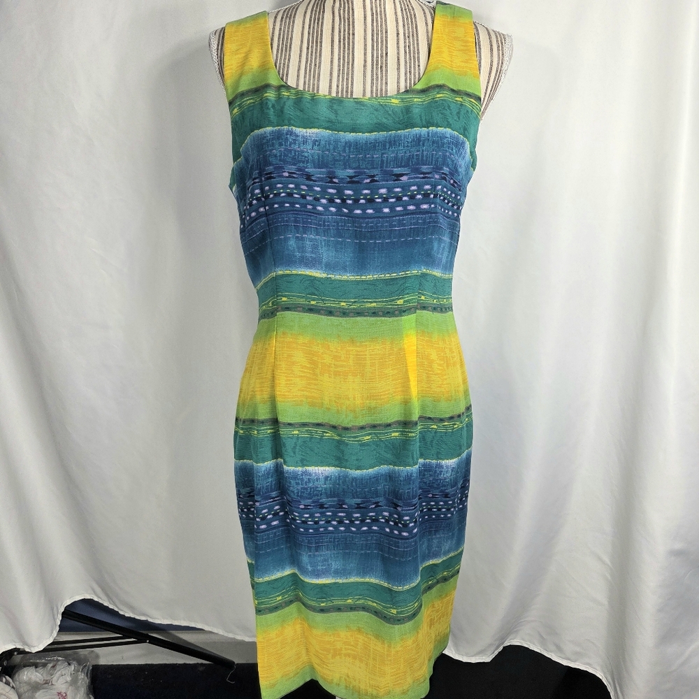 John Roberts NWT Blue Green Yellow Sleeveless Dress w/Matching Scarf Size 8